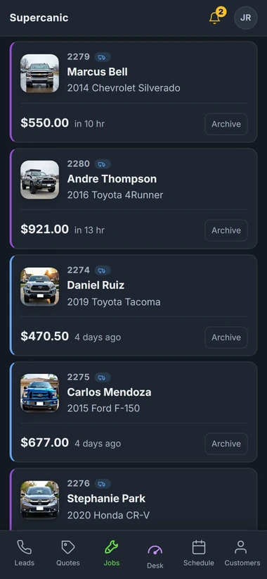 The jobs board on a phone, every job with a photo of the car and its total