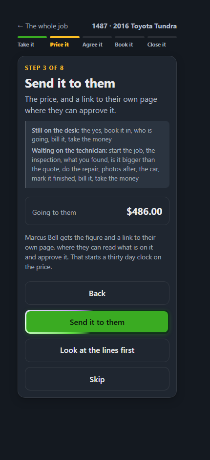 The Send it to them step, a $486 quote going to the customer